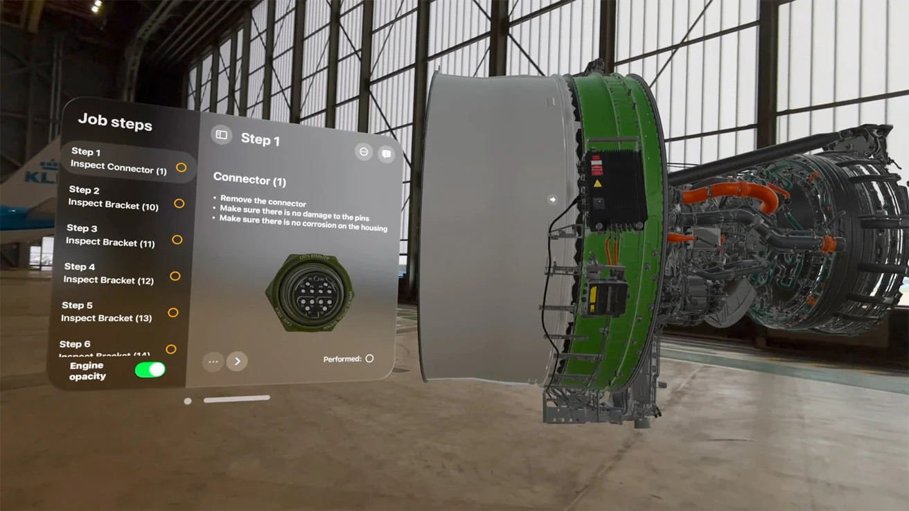 Aircraft engine model and instructions in KLM Engine Shop on Apple Vision Pro
