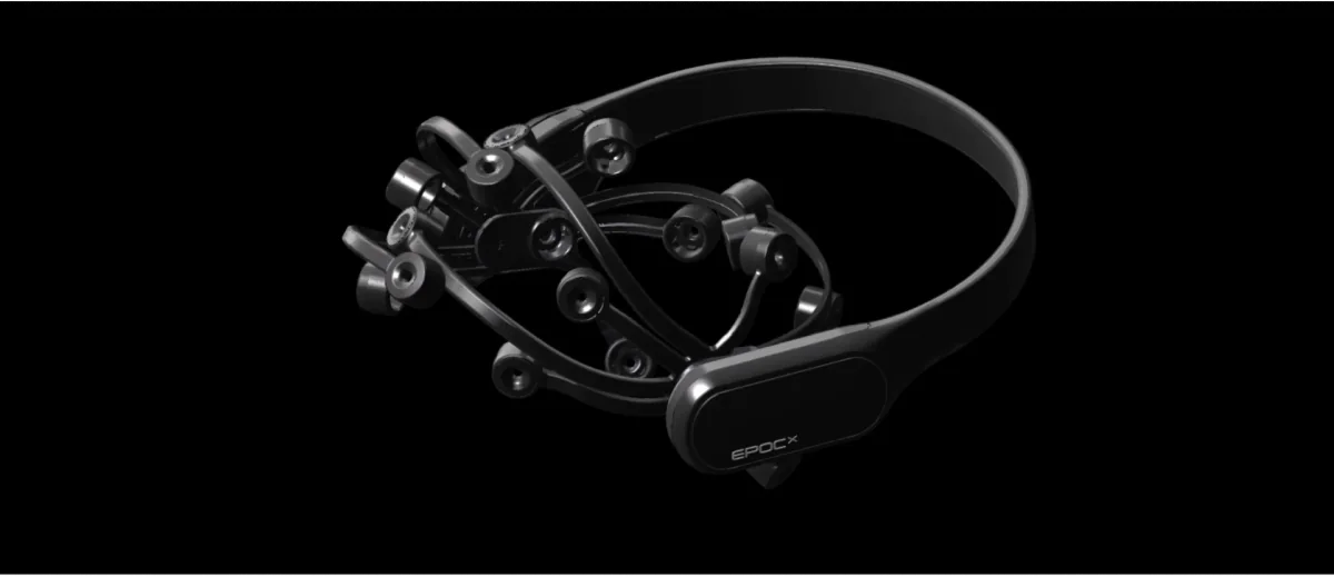EMOTIV EPOC X headset with electrode arms on a black background