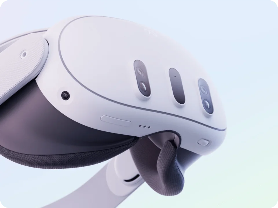 Meta Quest 3 with three vertical front modules and a Touch Plus controller