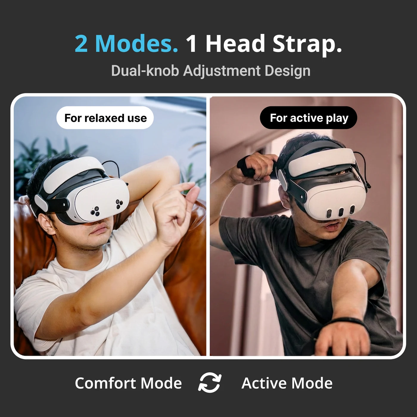 BOBOVR M3, dwa sposoby noszenia BOBOVR M3: comparison of relaxed and active headset use