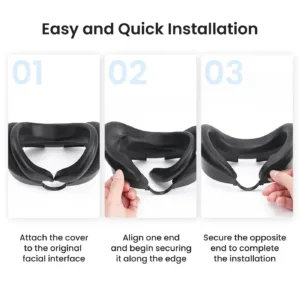 Three steps for fitting the KIWI Design F3 cover onto the original Meta Quest 3 facial interface