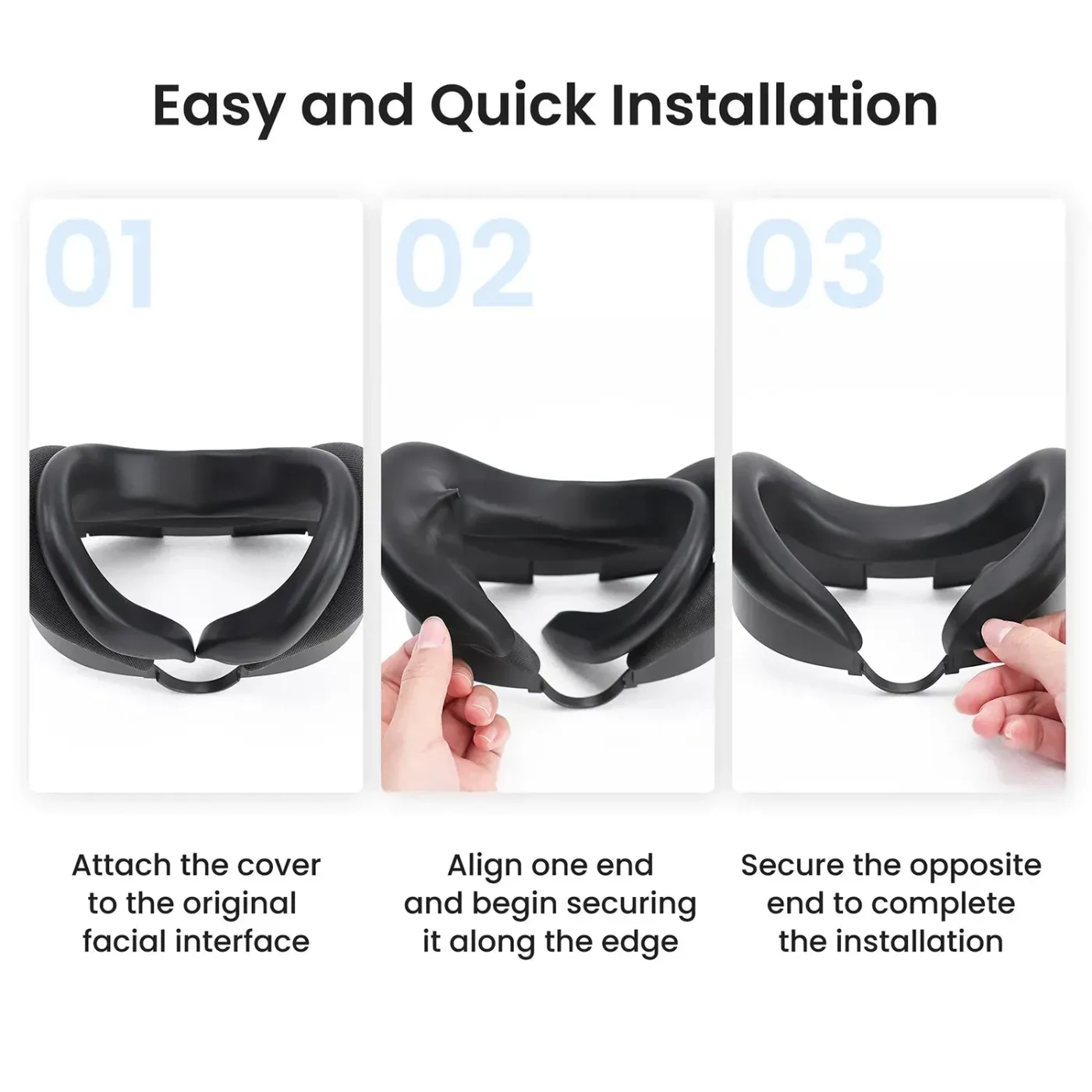 KIWI Design F3 — Trzy etapy zakładania nakładki KIWI Design F3 na oryginalny interfejs Meta Quest 3 Three steps for fitting the KIWI Design F3 cover onto the original Meta Quest 3 facial interface