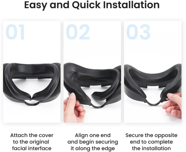 Three steps for fitting the KIWI Design F3 cover onto the original Meta Quest 3 facial interface