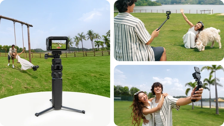 Insta360 Spin Stick w trybie statywu i kijka selfie; przykładowa kamera nie jest dołączona