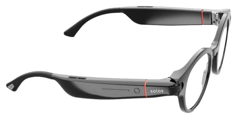 Solos AirGo V2 smart glasses, straight-on front view, black