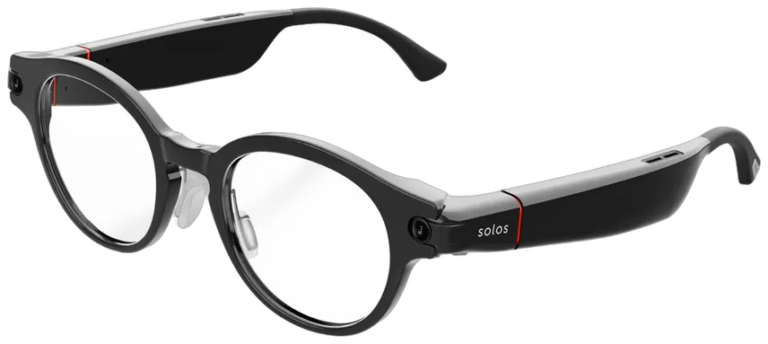 Solos AirGo V2 smart glasses, front view, black