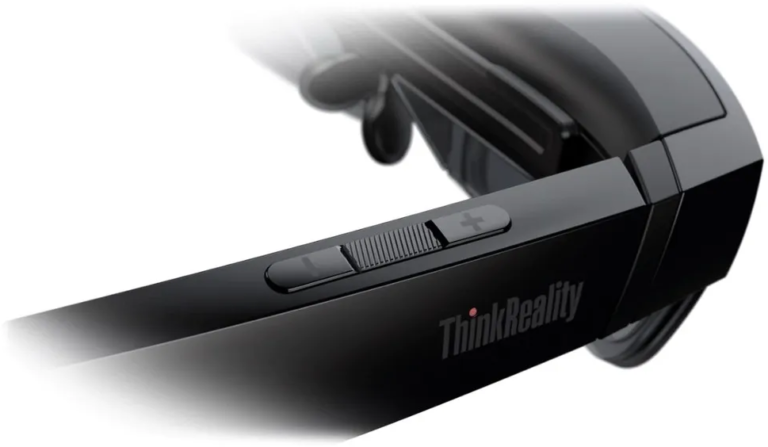 Close-up of the plus and minus buttons on the right temple of the ThinkReality A3 glasses