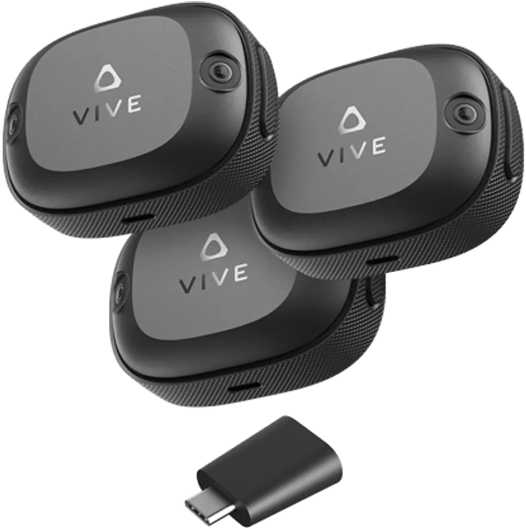 VIVE Ultimate Tracker 3+1 Kit, three angled trackers and a dongle, top view