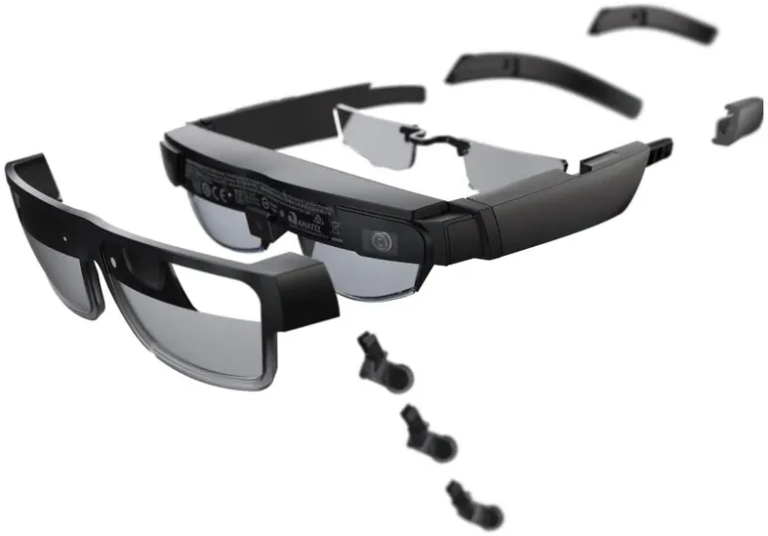 ThinkReality A3 glasses components laid out: temples, lenses and nosepieces