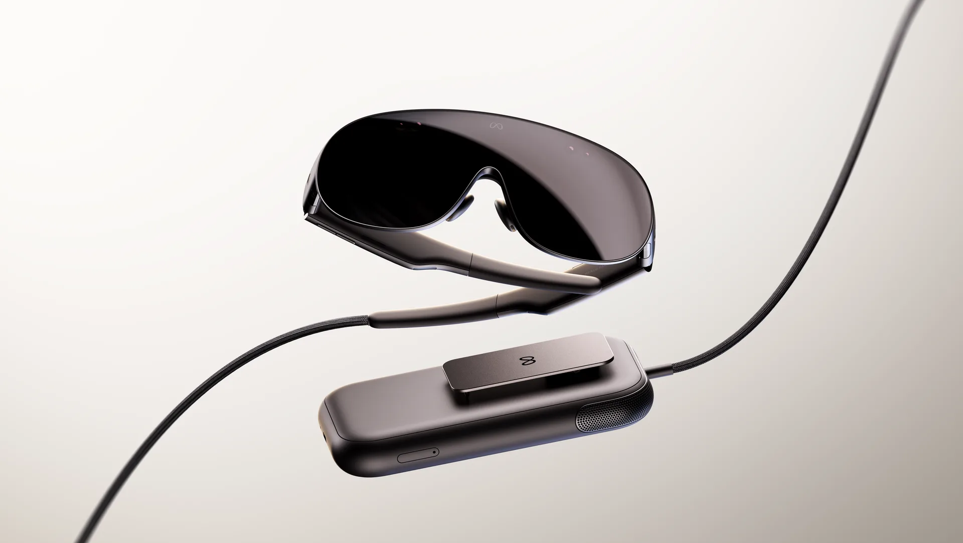 Gogle Meta VR Glasses połączone przewodem z modułem obliczeniowym